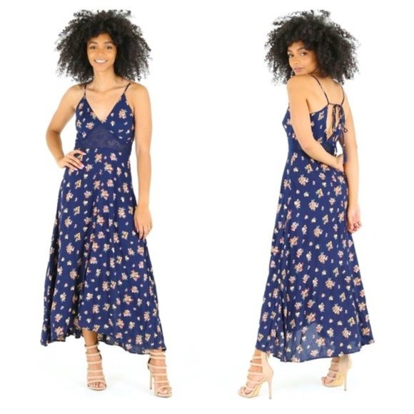 Blue Floral Mesh Detail Back Tie Midi Dress - Picture 1 of 2